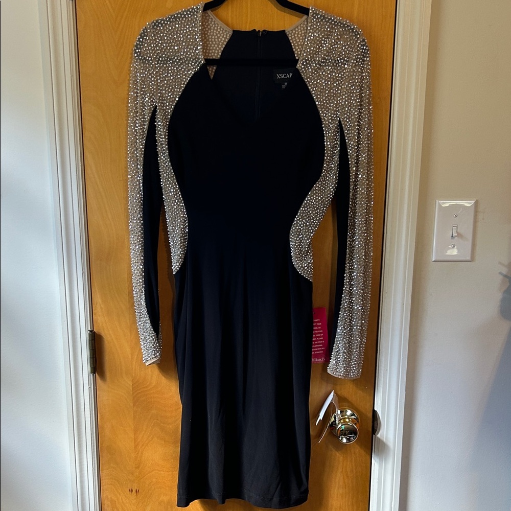 NWT Xscape Black Dress with Silver Rhinestone Embellished Sleeves